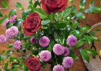 Ikebana: Rose and Chrysanthemum Flowers and Camellia Leaves
