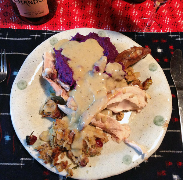 Kyoto Christmas Dinner: Roast Chicken with Candied Yuzu Peel Dried Cranberry Oyster Stuffing and Purple Murasaki-imo Mashed Sweet Potatoes