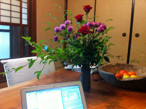 Ikebana: Rose and Chrysanthemum Flowers and Camellia Leaves